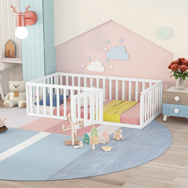 Structure de lit en bois avec clôture et porte, (ANCIEN SKU: WF289663AAE), Simple, Blanc