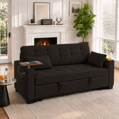73" Convertible Sleeper Sofa Bed with Pull-Out Bed, Foldable Side Table, USB Ports & Cup Holders, Small Space Multifunction Sleeper Sectional Sofa, Modern Chenille  Upholstered Couch for Living Room, Apartment, Small Space
