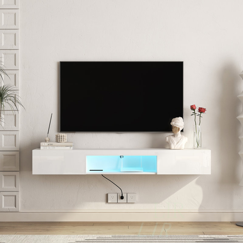 Floating Tv Stand, Wall Mounted Tv Stand With 20 Color Leds,Modern Tv Stand, Accent Cabient, White, 8.66”H x 63”L x 12.2”W