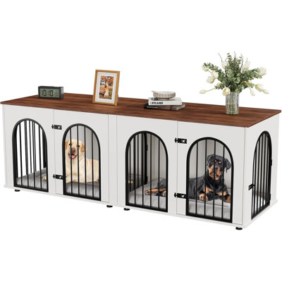 71" Dog Crate Furniture for 2 Dogs, Large Dog Kennel Furniture with Removable Divider, Wooden Dog Cage with Cushions, Indoor Dog House TV Stand for La
