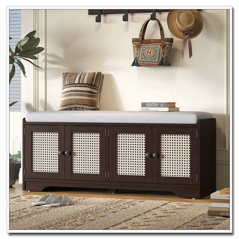 Rustic Storage Bench with 4 Rattan Doors, Adjustable Shelves, and Removable Cushion, Espresso