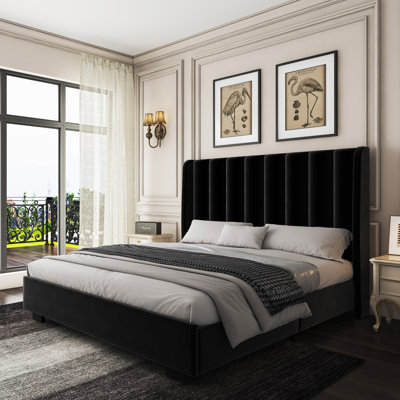 Lift Up Storage Bed Frame With 51" Tall Headboard, Upholstered Velvet Wingback Tufted Design, Wood Slats Support, No Box Spring Required, Noise-free Double Bed Frame