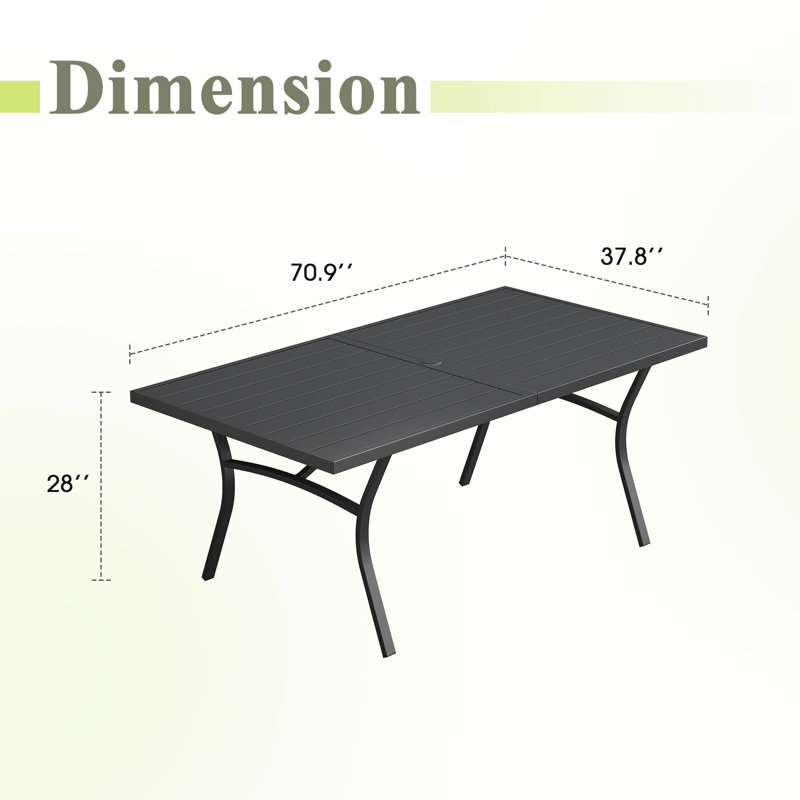 Table de salle à manger d'extérieur rectangulaire de 180 cm (70,9 po) avec trou pour parasol, Noir