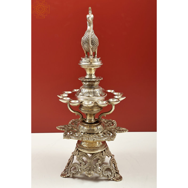 Handmade 20-Inch Embroidery Peacock Lamp with Thirteen Wicks – Brass Ritual Deepam, Filigree Vine Motif for Puja, Temple Decor, or Festive Centerpiece