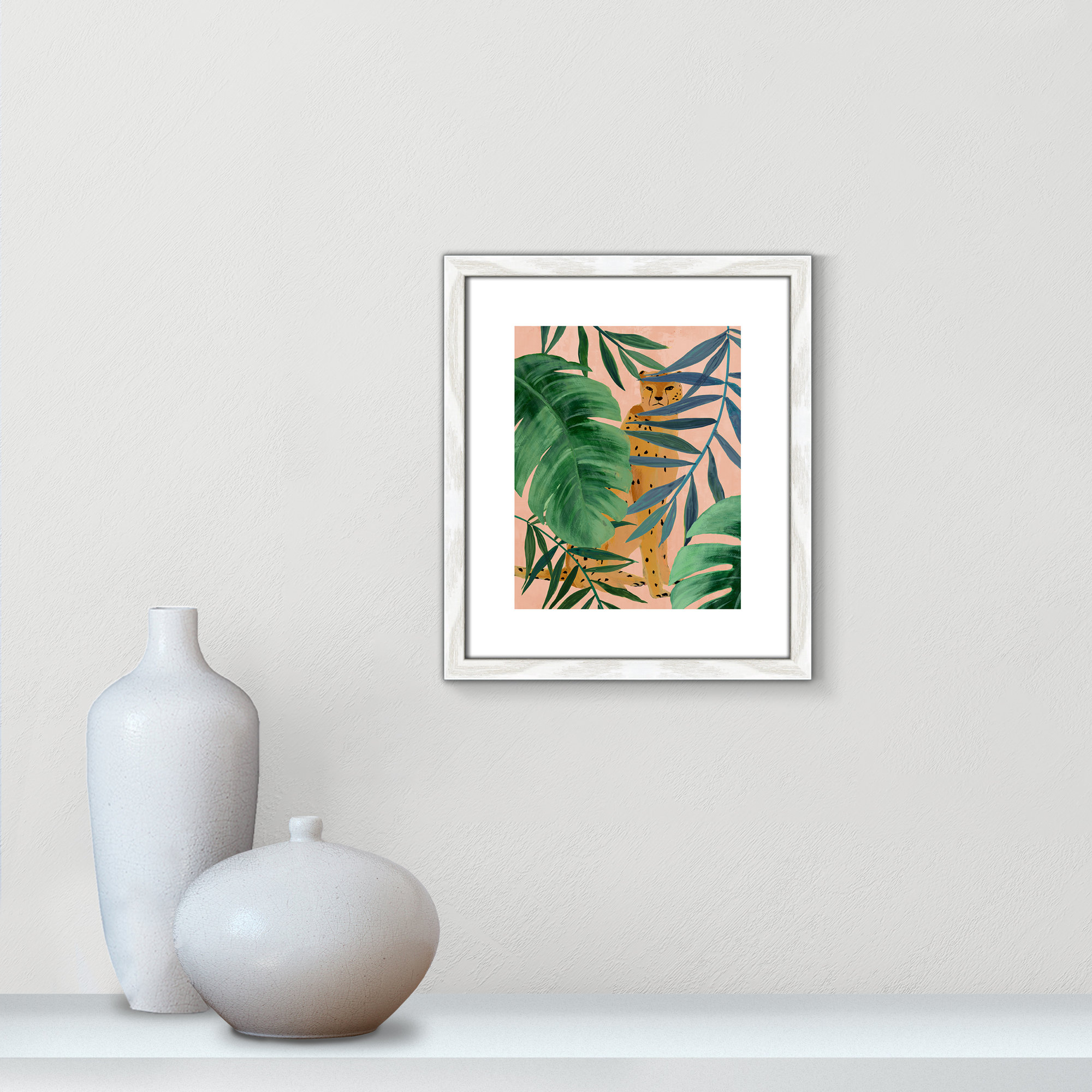 Silent Jungle - Painting Print, White Wood Framed Paper, 15" H x 13" W x 0.75" D