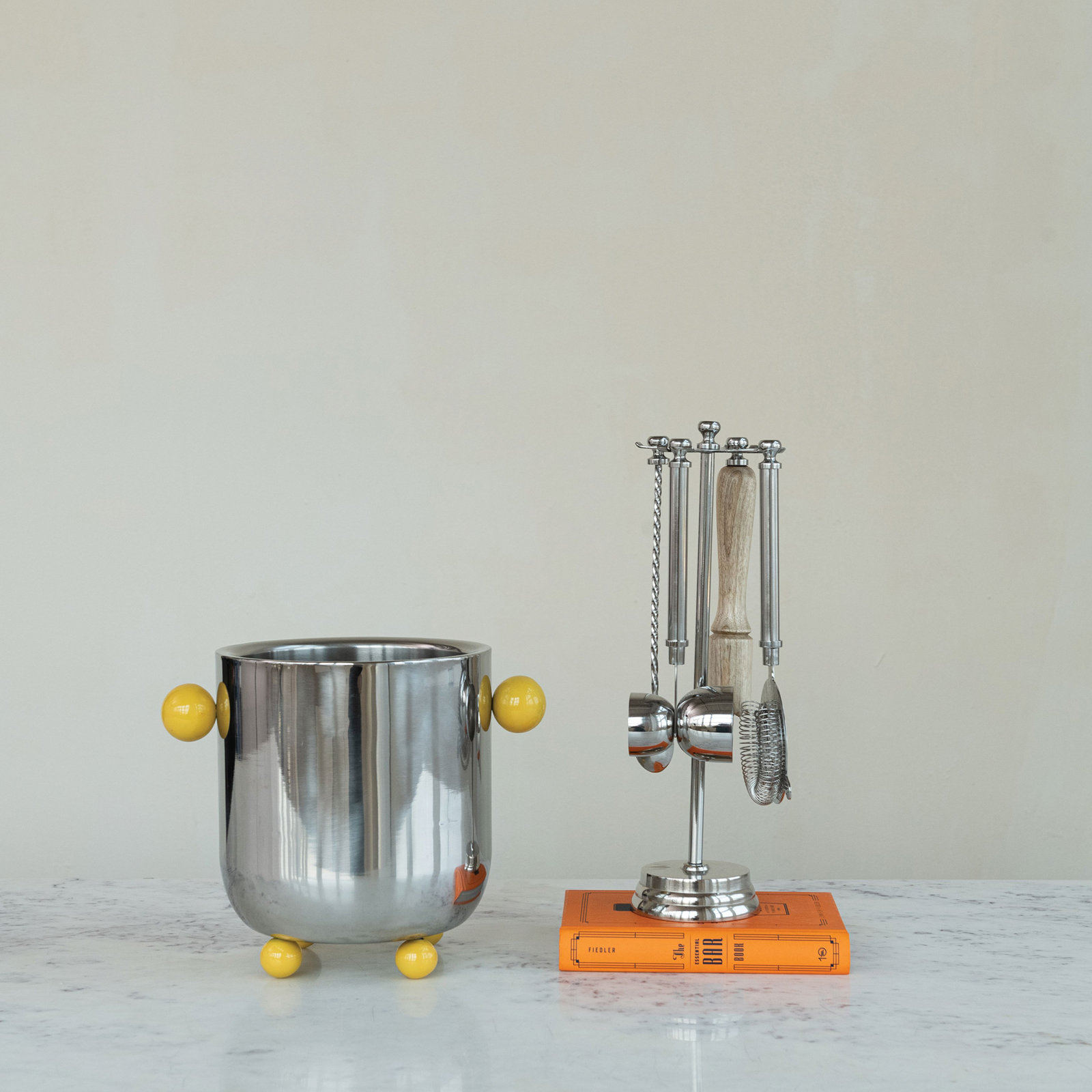Stainless Steel Ice Bucket With Citron Color Enameled Ball Handles And Feet