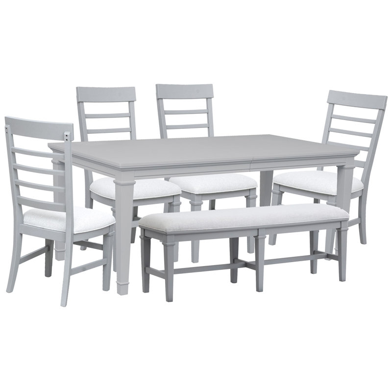 Grey Extendable Rectangular Dining Table With 4 Side Chairs And Bench, Gray/White, 6 Pcs: Table, 4 Chairs, Bench