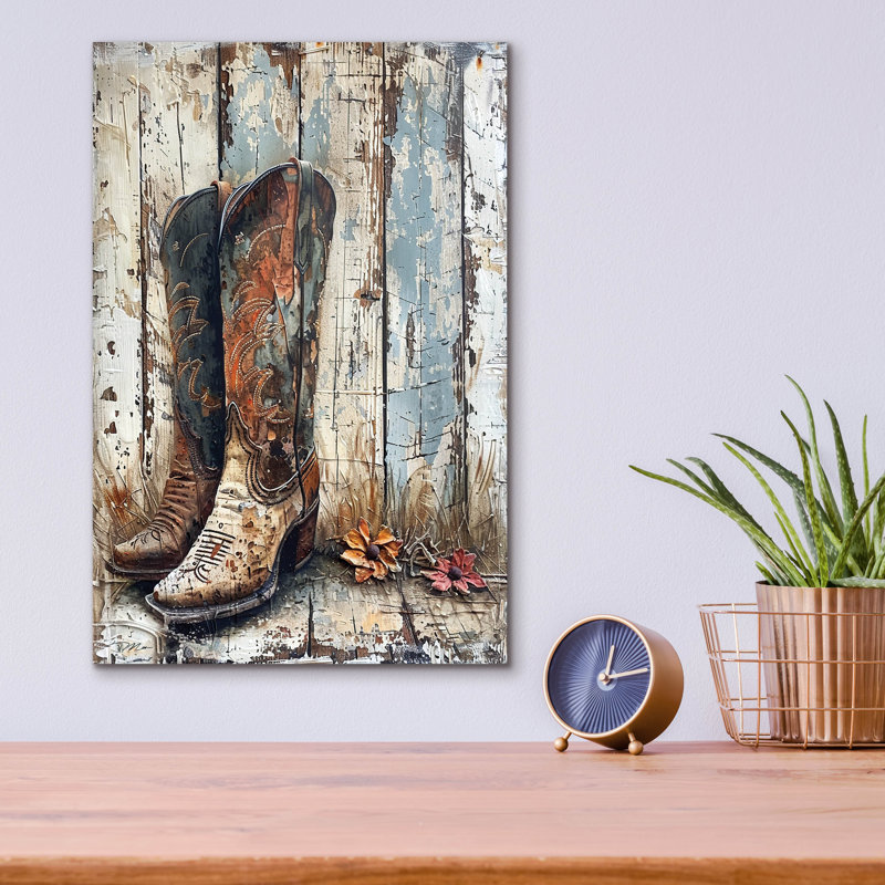 «Vintage bottes 1» par Momart, art mural en verre acrylique, 12 po x 16 po