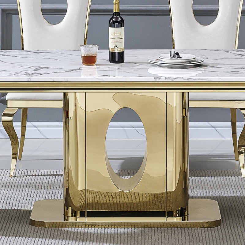 70.08" Rectangular Faux Marble Top Pedestal Dining Set, White/Gold