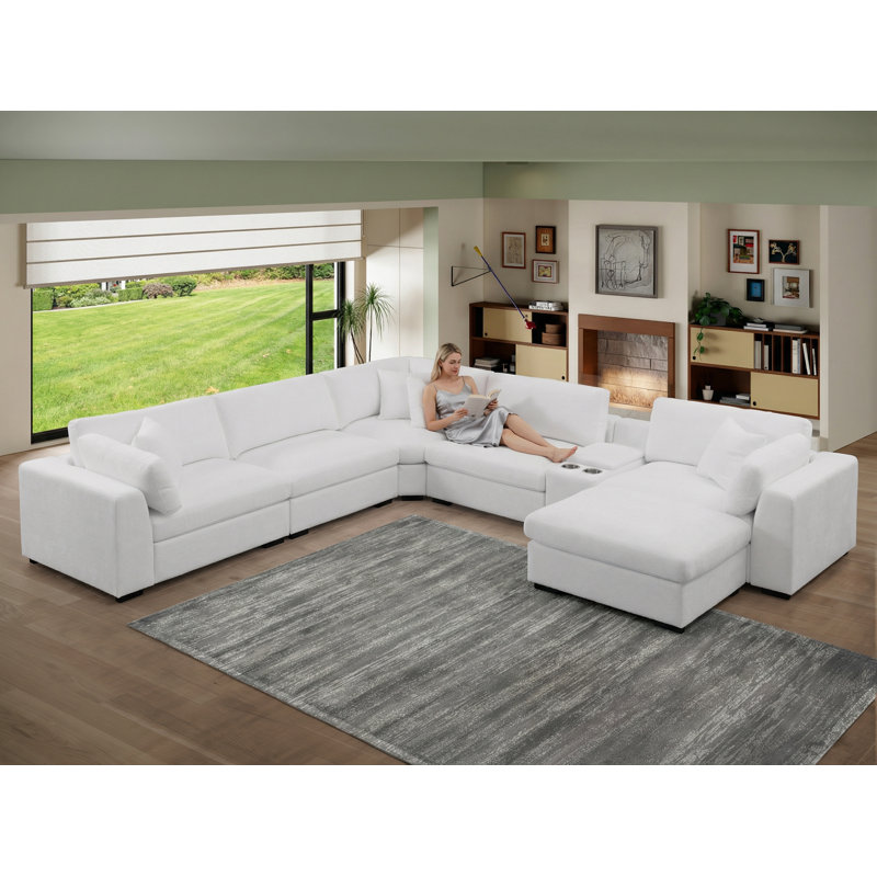Modern Reversible Sectional Sofa 6-Seats Comfy Modular Couch With Large Ottoman, Storage & Cup Holder & USB Charging