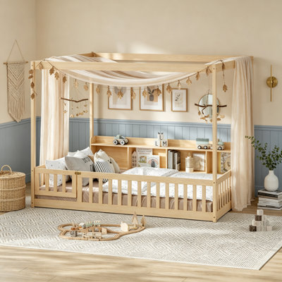 Montessori Floor Bed with Open Storage Cubbies, Wood Floor Bed Frame with Door and Guardrails, Full Size, Natural