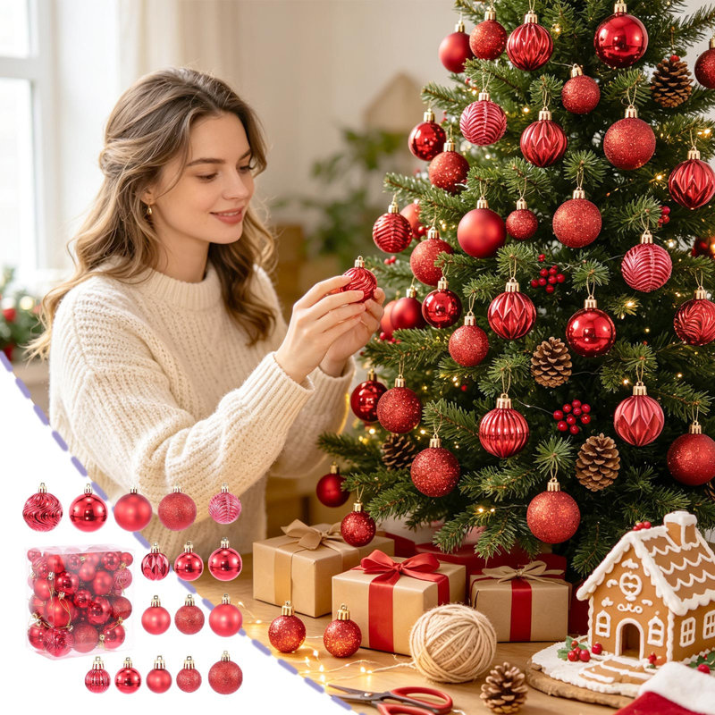 Décorations de Noël - Ensemble de 60 boules extraterrestres décoratives - Décoration pour sapin de Noël, Rouge
