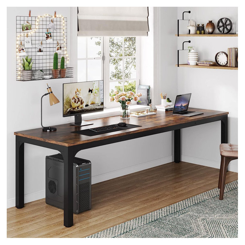 200cm W Metal Base Computer Desk, Brown, Black