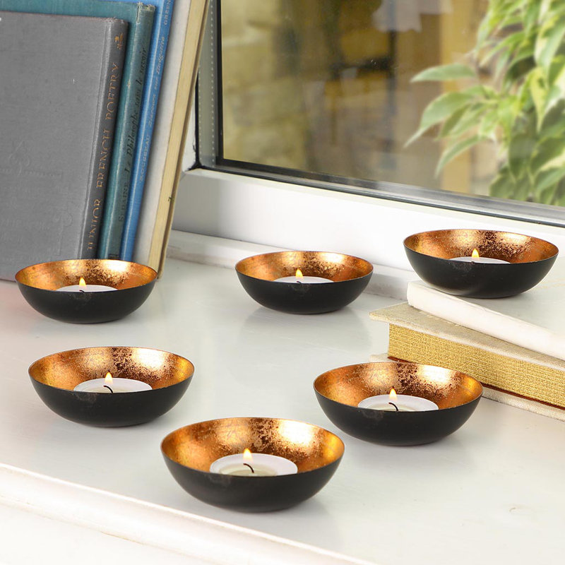 6 Piece Metal Tabletop Tealight Holder Set, Black/Copper