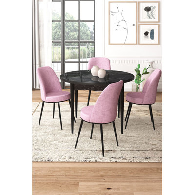 Ensemble de table et chaises de salle à manger moderne 5 pièces, marbre noir et rose | Table en carton 100% enduit de mélamine, table: 35,4 po x 29,5 po x 35,4 po | Chaises: 17,7 po x 35,8 po x 16,5 po | Pieds en métal, tissu Jerry, mousse confortable à 22 et 28 bandes, design élégant