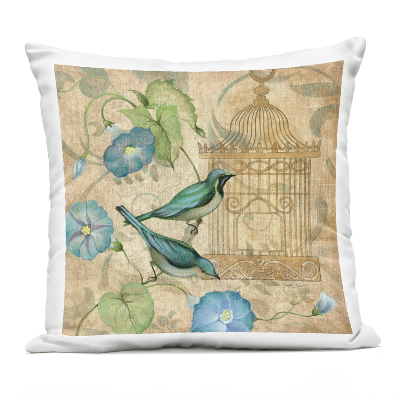 Coussin d'extérieur imprimé Spring's Song Green Birds par Janet Tava, Oiseaux bruns