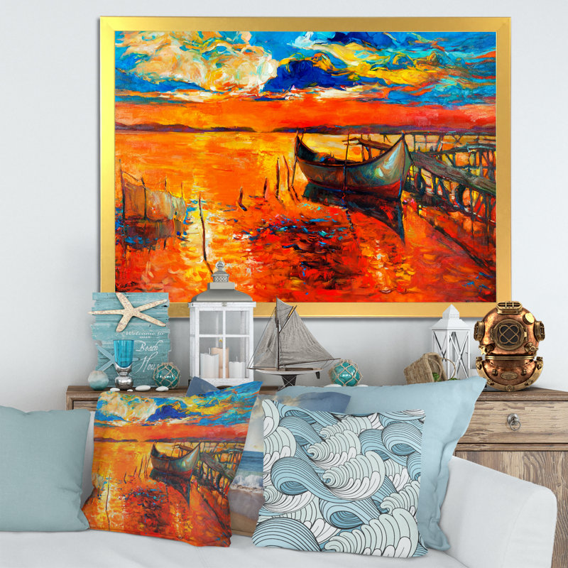 Bateau rouge et jetée, peinture murale décorative nautique et côtière, H 8 po x l 12 po x P 1,5 po, Encadrement doré