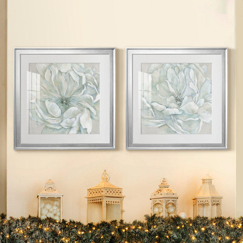 «Morning Petals I», ensemble de 2 reproductions d'art encadrées, H 22,5 po x l 45 po x P 1,5 po, Papier avec cadre argenté