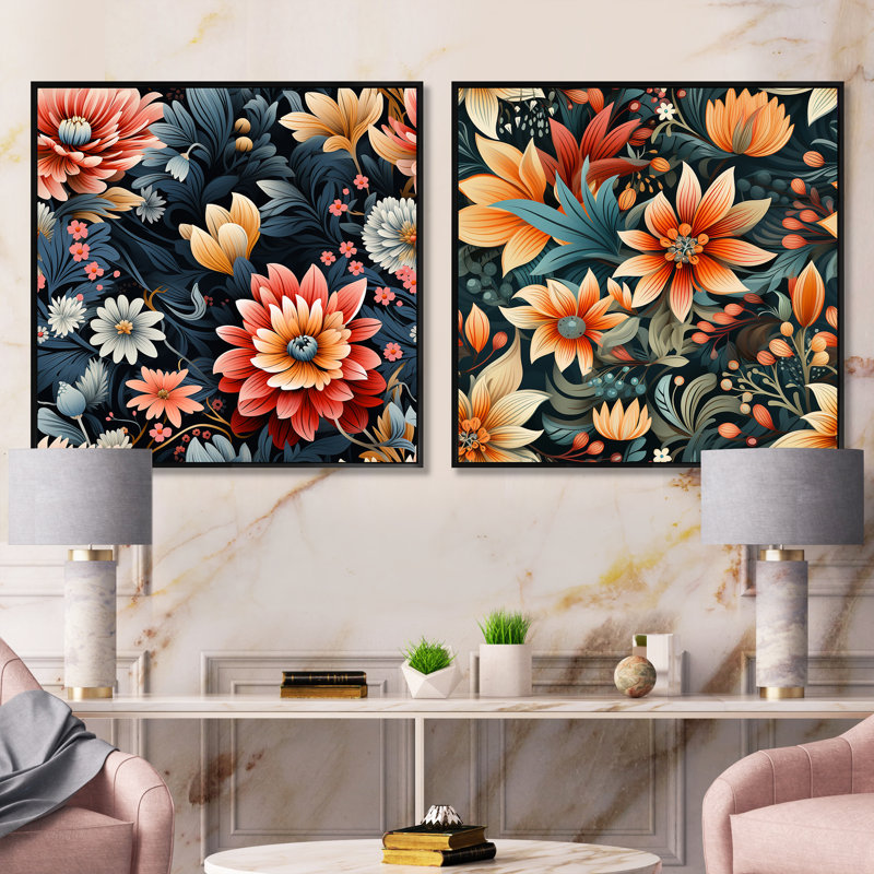 Fleuristes - Ensemble de 2 collages floraux carrés, Cadre flottant noir, H 16 po x l 33 po