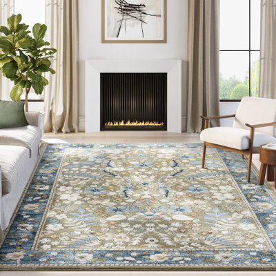 Abani Kruse SAV180A Traditional Blue Beige Botanical Floral Vintage Area Rug