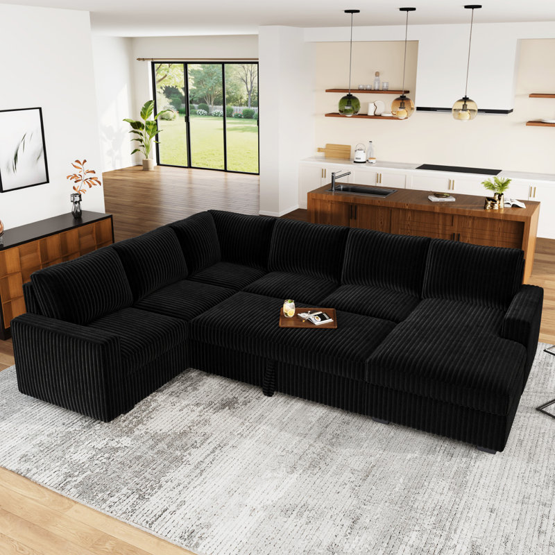Brunella U-shaped Corduroy Sectional Sleeper Sofa Pull Out Sofa Bed, Black Corduroy