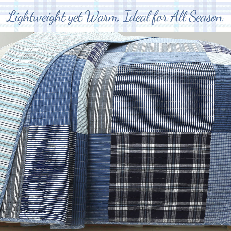 Twin Blue Cotton Reversible Patchwork Quilt Bedding Set