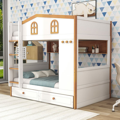 Lit superposé en bois avec tablettes, 2 tiroirs et garde-corps en forme de maison