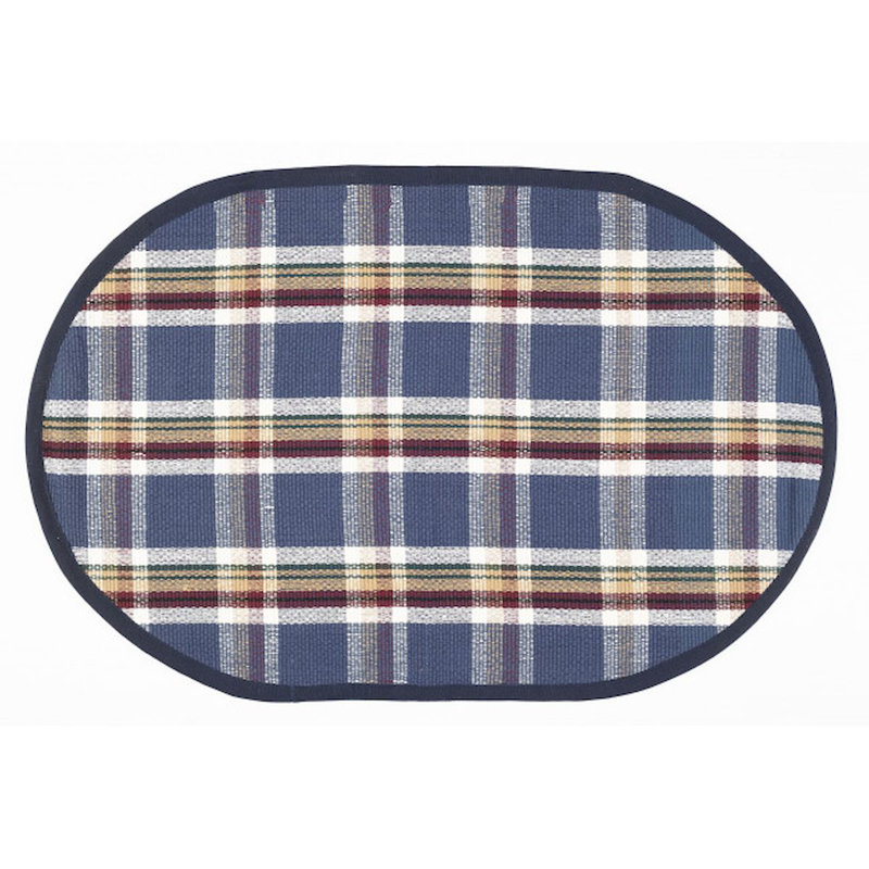 Tapis de sol ovale à carreaux beige, bleu et blanc