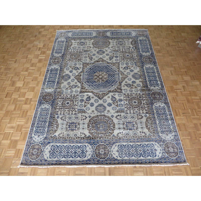 Tapis de surface en coton beige/bleu 8 pi 11 po x 12 pi 7 po one-of-kind à la main noué la Stef
