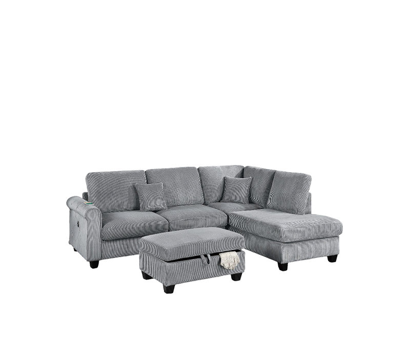 Contemporary Style 3Pc Sectional Set Right Arm Chaise Left Arm Sofa W/ Usb Port Storage Ottoman Throw Pillow Wooden Legs Primary Living Room