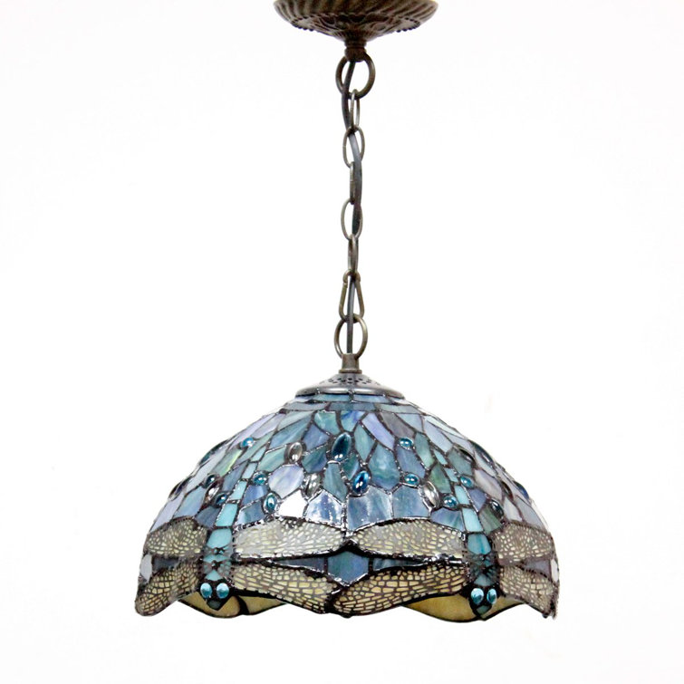 Turrella Tiffany Light Fixture Sea Blue Stained Glass Dragonfly Hanging Lamp Wide 12 Inch Height 32 Inch