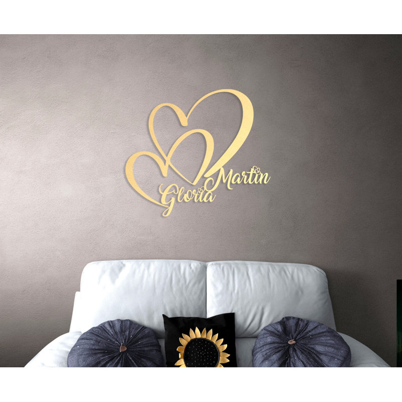 Décoration murale personnalisée en métal double cœur et amour pour la Saint-Valentin ou cadeau de mariage, Oui, Or brillant