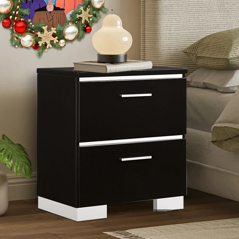 Table de chevet contemporaine 1pc avec poignées et pieds en chrome laqué ultrabrillant noir