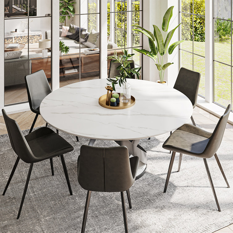 Modern Round Dining Table for 4-6 with Sintered Stone Tabletop, X Carbon Steel Base Pre-Assembly
