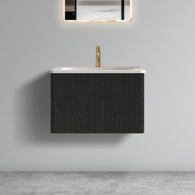 Meuble-lavabo flottant rayé 24 po en chêne noir brossé avec lavabo et lavabo en céramique blanche pré-assemblé | Idée cadeau