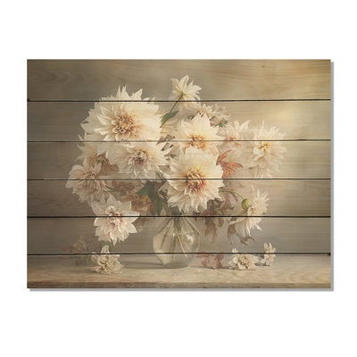 «Dahlia Bouquet Still Life», art mural en bois de dahlia sur bois de pin naturel