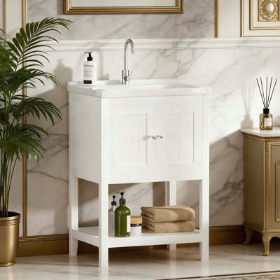 24" Single Bathroom Vanity with Ceramic Top, Modern Freestanding Bath Vanity for Compact Spaces