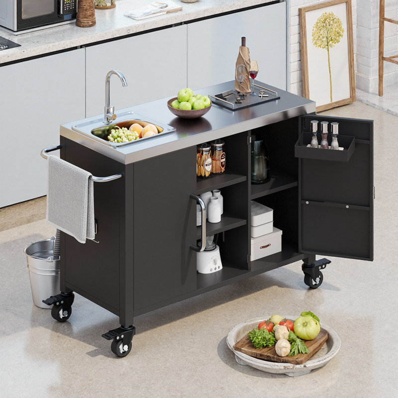 55.5" Outdoor Kitchen Island with Stainless Steel Sink, Locking Wheels & Prep Station