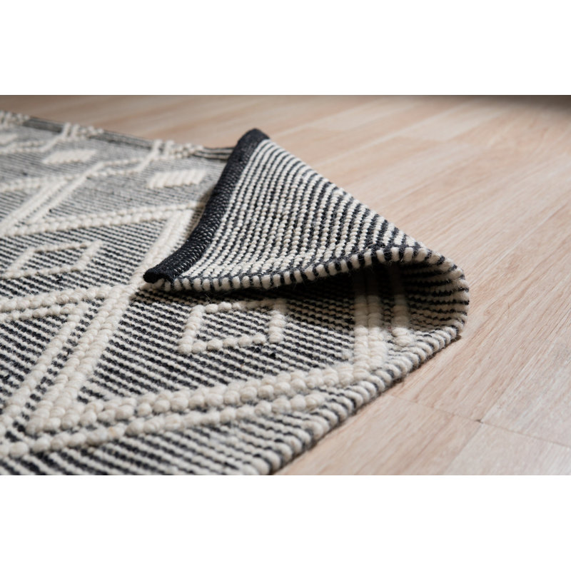 Black Handwoven Wool Diamond Gridlock Geometric Modern Contemporary Carpet Rug, 5' x 8'