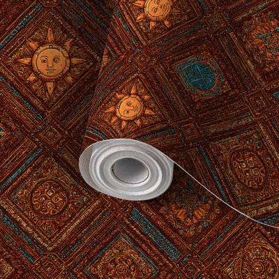 Peel and Stick Wallpaper Contact Paper Terracotta Teal Aztec Wall Art Design Self Adhesive and Removable 24in x 118in(60x300cm)