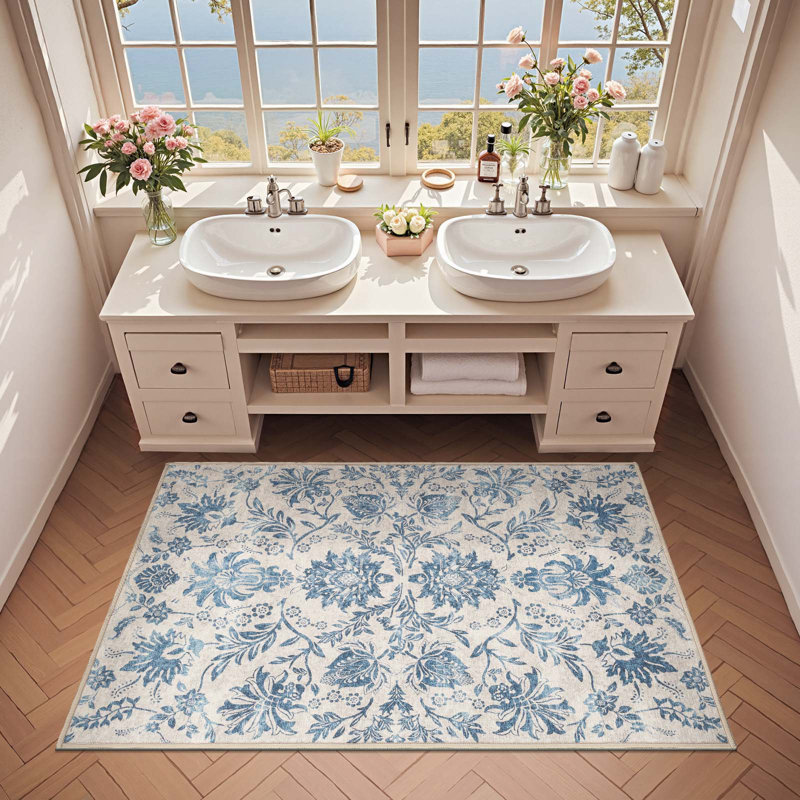 Tapis géométrique lavable antidérapant à motif géométrique, Bleu foncé intemporel, 3'x 5'