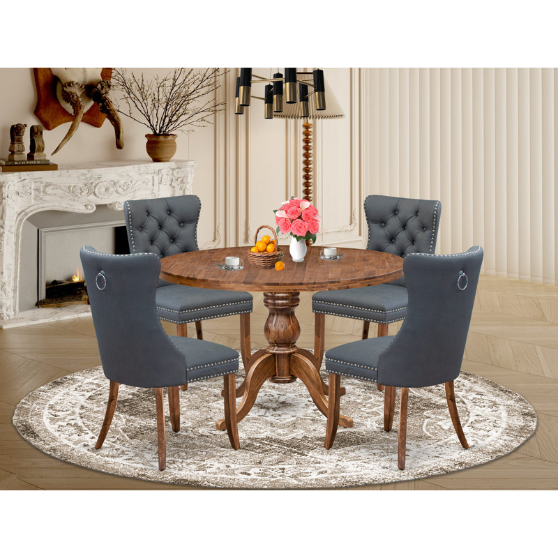 5-piece Dining Room set included a Kitchen Table and 4 Platinum Gray Polyester fabric Dining Room Chairs with Button Tufted Back - Antique Walnut Finish