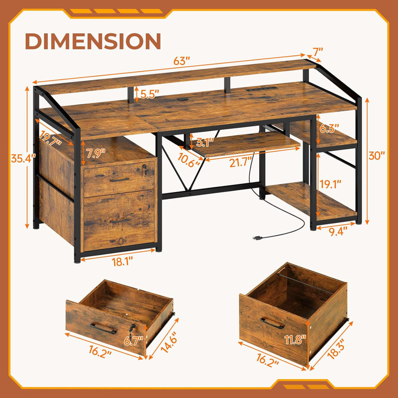 Lucilla Metal Base Computer Desk with Power Outlet, Brown