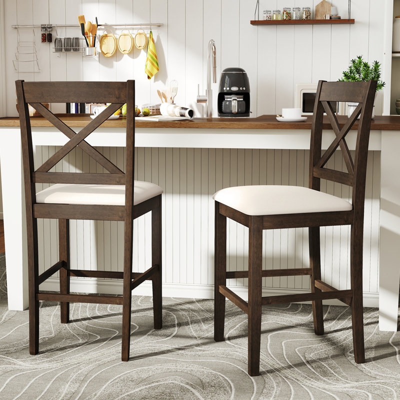 Rubber Wood X-Back Bar Stools Set of 2 with Upholstered Cushioned Seats & Footrests Dark Brown and Cream, Brown