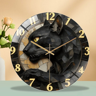 Black Panther Wall Clock Sculpture Art Design Art - 12'' Modern Glass Wall Clock