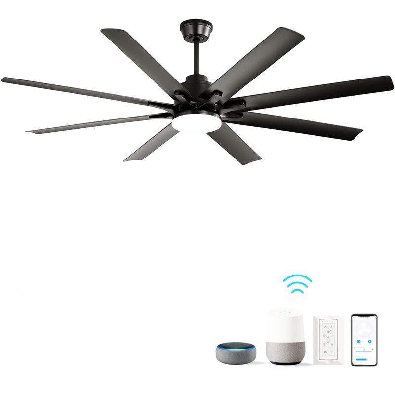 Ventilateur de plafond moderne de 66 pouces avec lumière à DEL à intensité variable et 8 pales en ABS, moteur à courant continu réversible intelligent, noir, pour le bureau à domicile