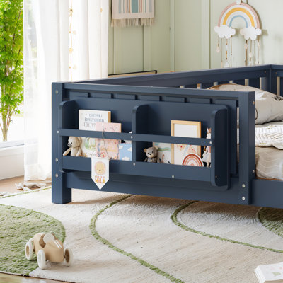 Lit sur pied avec garde-corps et tablettes de rangement Montessori, grand, bleu