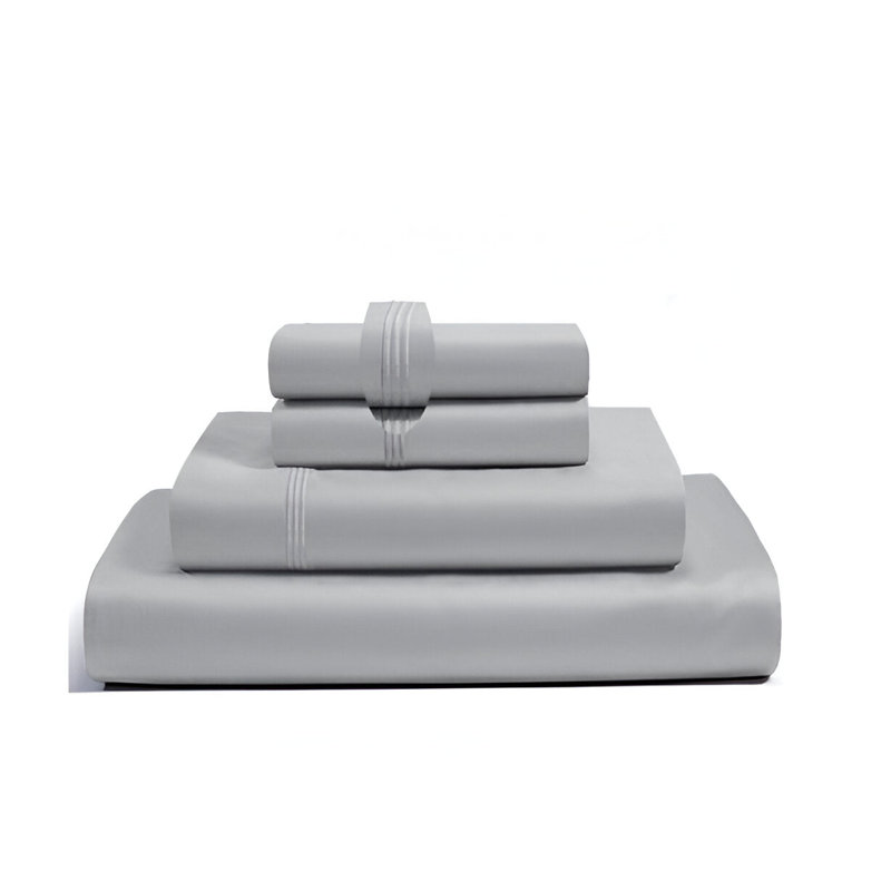 400TC Luxurious Triple Embroidery Sateen Solid Cotton 4 Piece Sheet Set Fitted Sheet Fits Upto 16" Deep Pocket, Light  Gray