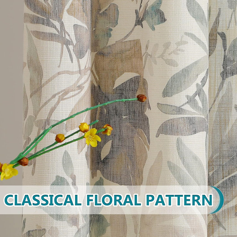 Rideaux à motif floral en lin, 2 panneaux, A-brun / naturel