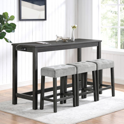 Ensemble de table de bar avec prise de courant, ensemble de table de bar et chaises, ensemble de table de salle à manger 4 pièces, ensemble de table de petit-déjeuner industriel, pour le salon, la salle à manger, la salle de jeux